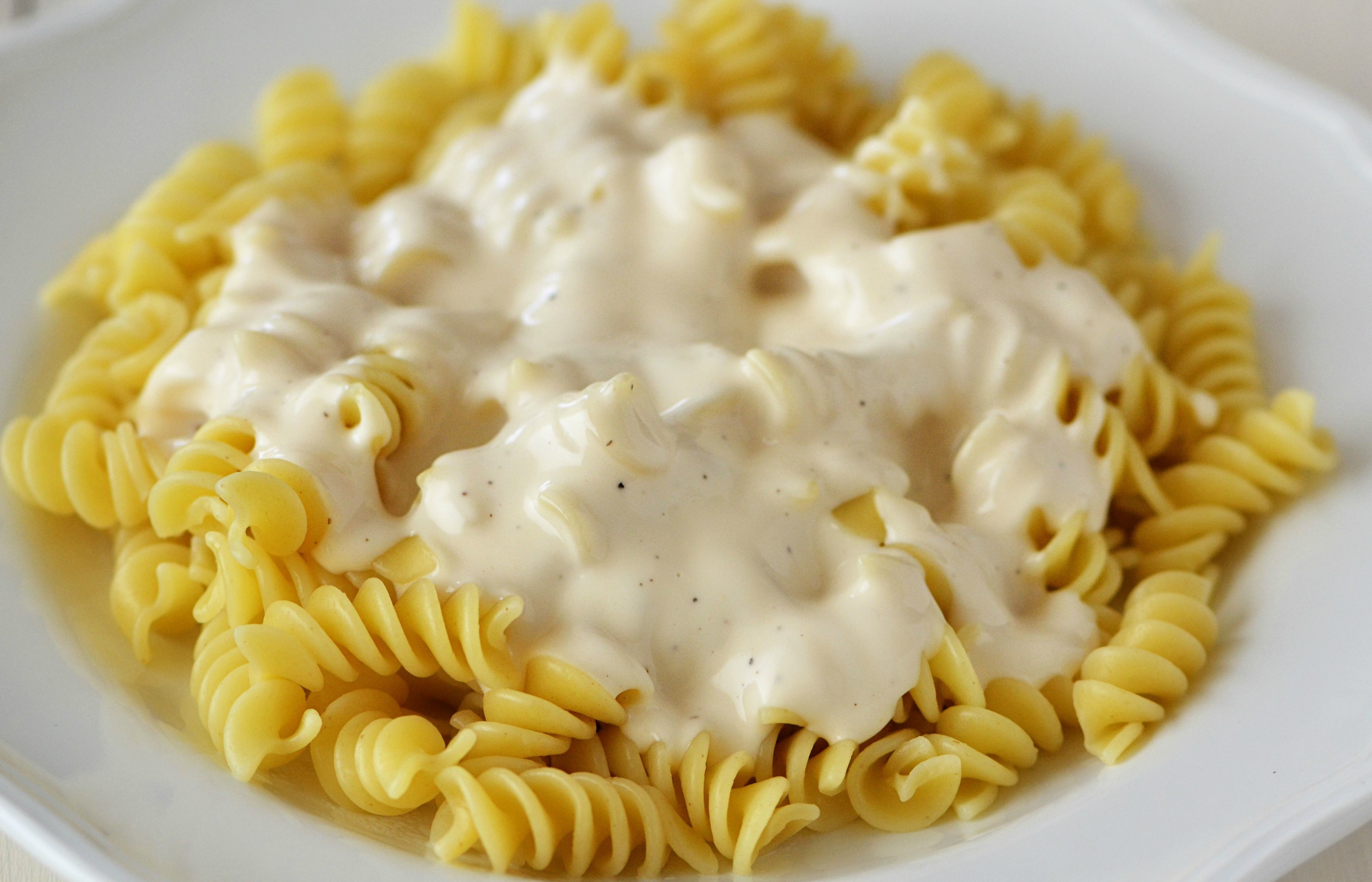 White sauce over pasta.