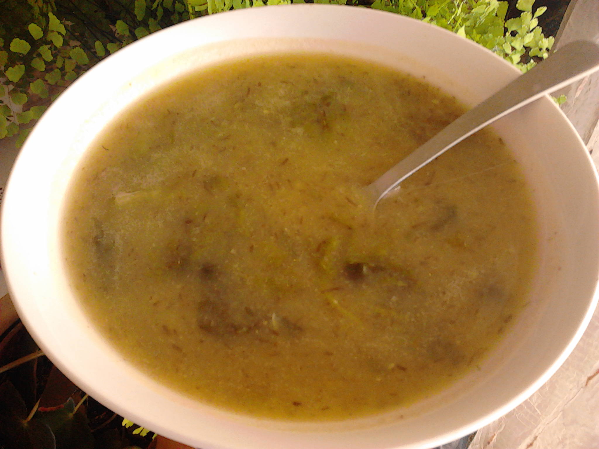 Dish with lavender soup with teff and miso