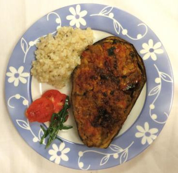 Dish with Stuffed Aubergine with okara, brown rice and salad