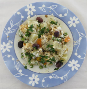 Dish with potatoes and tofu salad